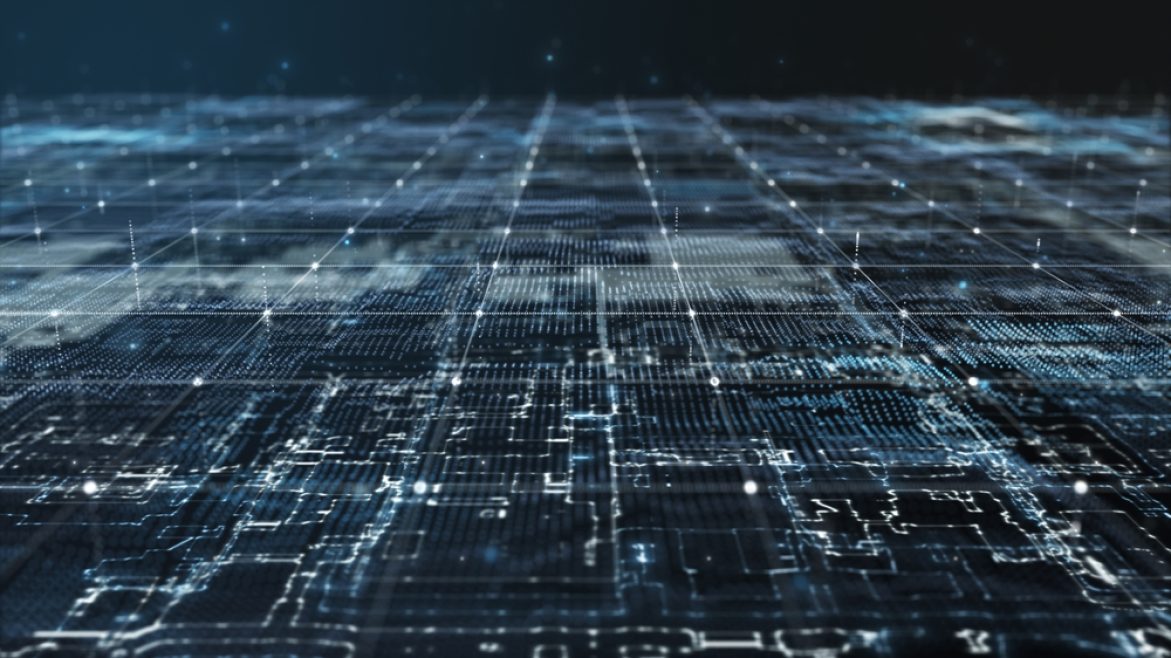 Futuristic,Circuit,Grid,Network,,Glowing,Blue,Tech,Landscape,Background